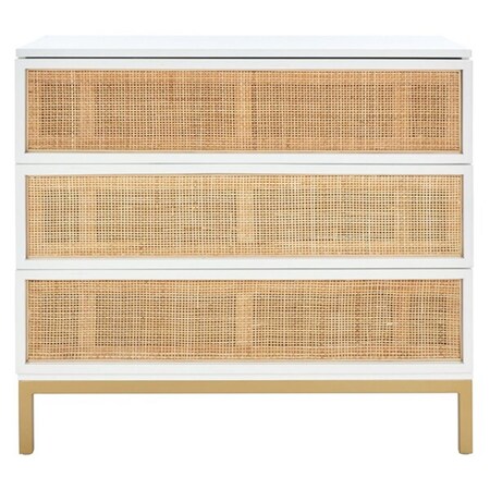 Safavieh Zadie 3 Drawer Chest - White Frame; Natural Rattan & Gold Legs CHS5004B